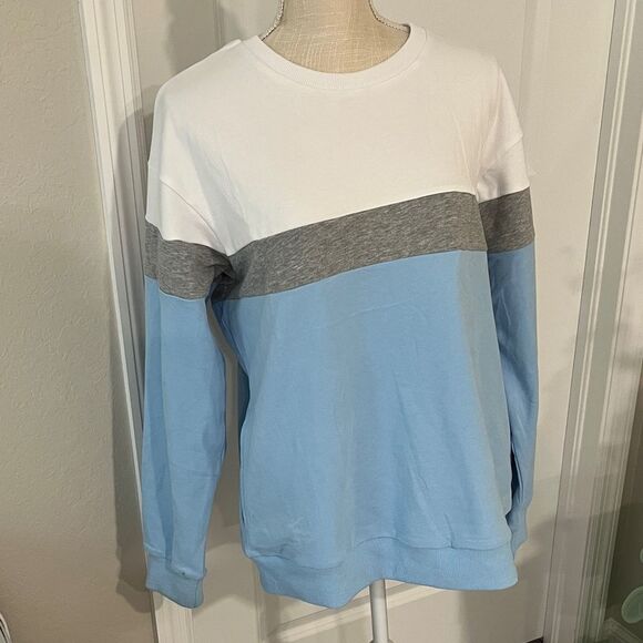 Women's Colorblock Sweatshirt - White, Gray, and Blue - Picture 3 of 6